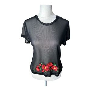 Cosmic Aura Y2K Sheer Black Mesh Top Floral Embroidered Size Large Mall Goth